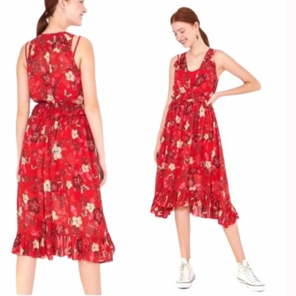 NWT $295 FARM RIO FLOR DE LUZ SLEEVELESS DRESS WITH FRILLS RED in XS!